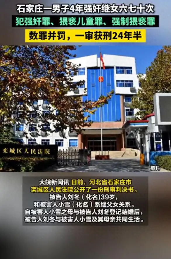 石家庄一男子4年强奸继女六七十次，判24年半