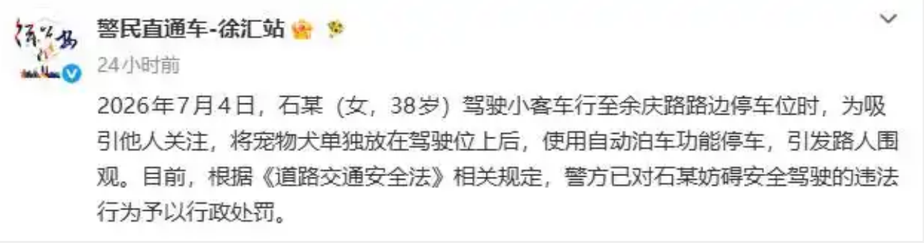女子把狗放在驾驶座上开启自动泊车，录制视频炫耀，交警通报处罚