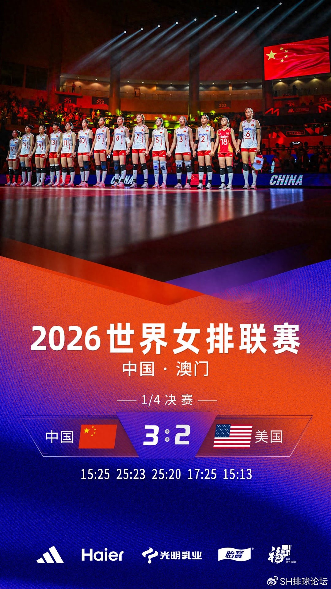 五局逆转美国女排 中国女排挺进2026年女排世联赛四强